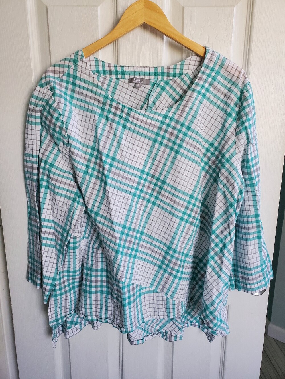 Habitst Clothes To Wear Turquoise White Plaid Top Size XXL Lagenlook